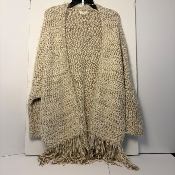 Umgee Sweaters - Umgee USA Marled Fringe Open Front Cardigan Sweater Tan Cream Boho D5035 ML‎